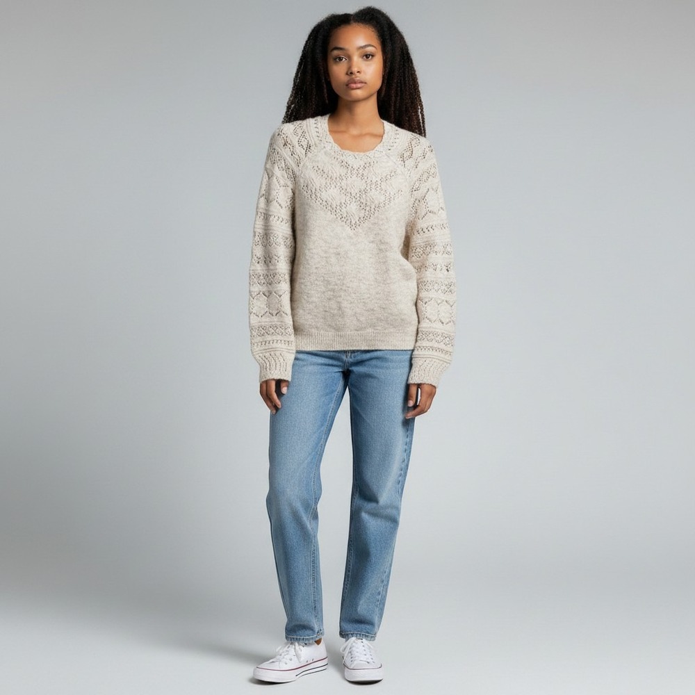 Grade & Gather Knit Sweater Women Large Cream Pointelle Eyelet Wool Blend Raglan